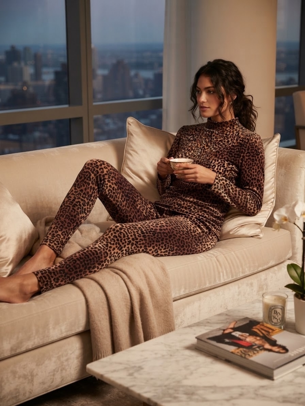 Lands' End Leopard Print Velour Microfleece Pajama Set S Small 2-Piece